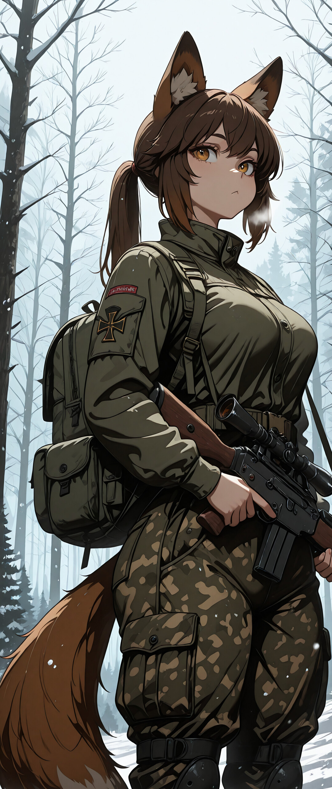 An anime-style fox girl with brown hair in a ponytail, wearing a green military jacket and camouflage pants, stands in a snowy forest holding a sniper rifle.