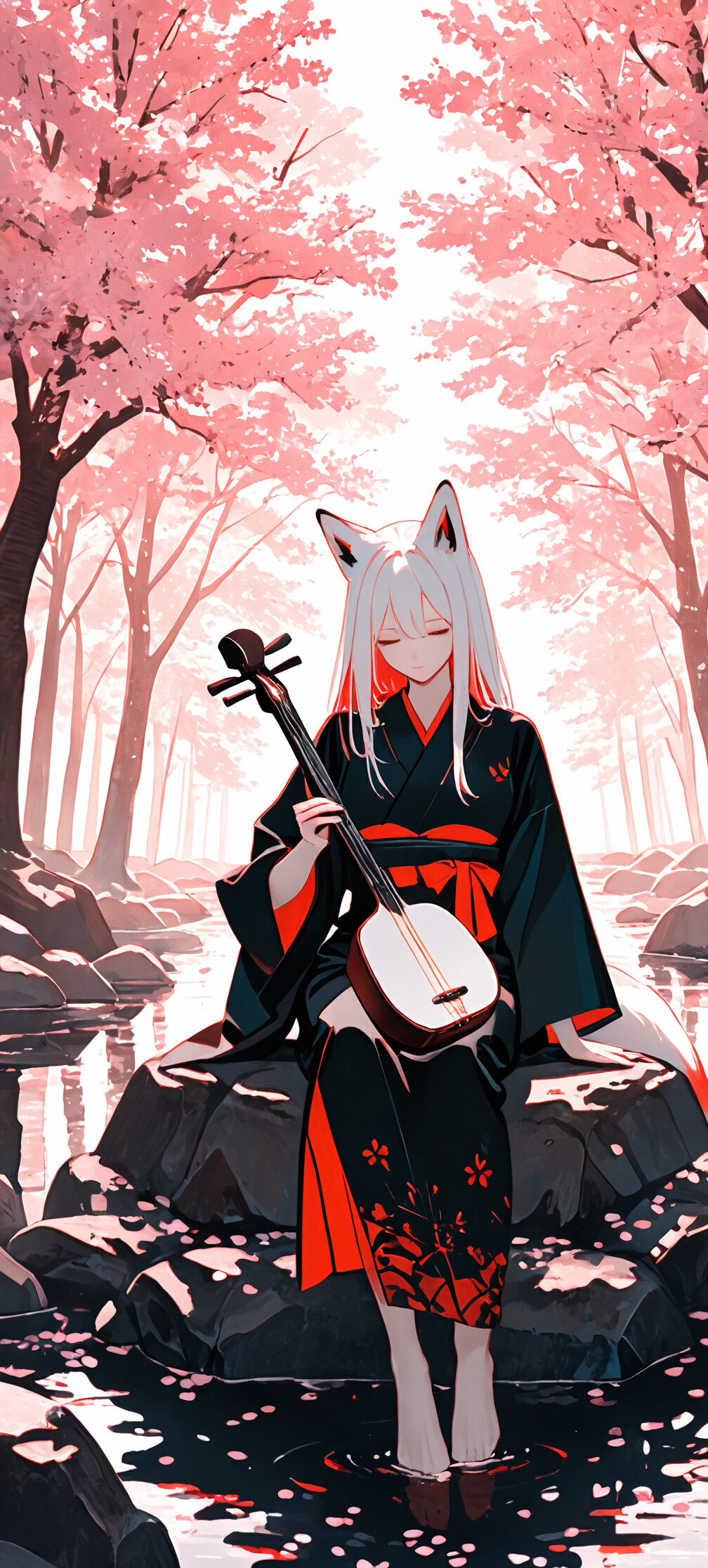 A white-haired anime fox girl in a black kimono sitting on a rock by a river, playing a shamisen under pink cherry blossom trees.