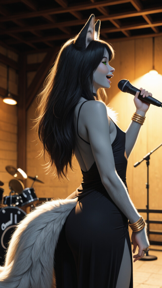 A woman with long black hair, black fox ears, and a large fluffy white and black fox tail, wearing an elegant backless black dress, stands on a stage in front of a microphone under warm spotlights.