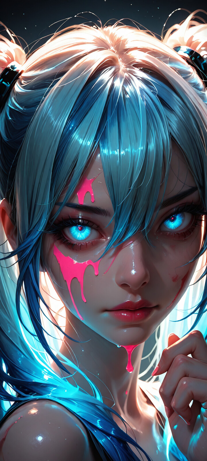 A close-up portrait of a young woman with pink and blue hair in twintails. She has intensely glowing blue eyes and looks directly at the viewer, with pink liquid splattered on her face and dripping from her chin.