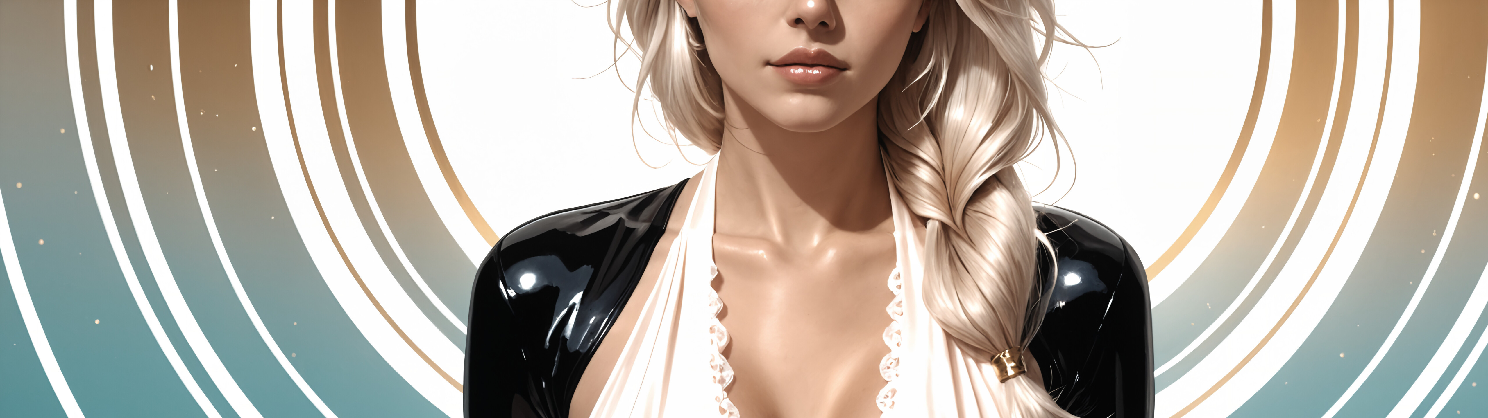 A woman in a luxurious latex outfit in a gothic corridor.