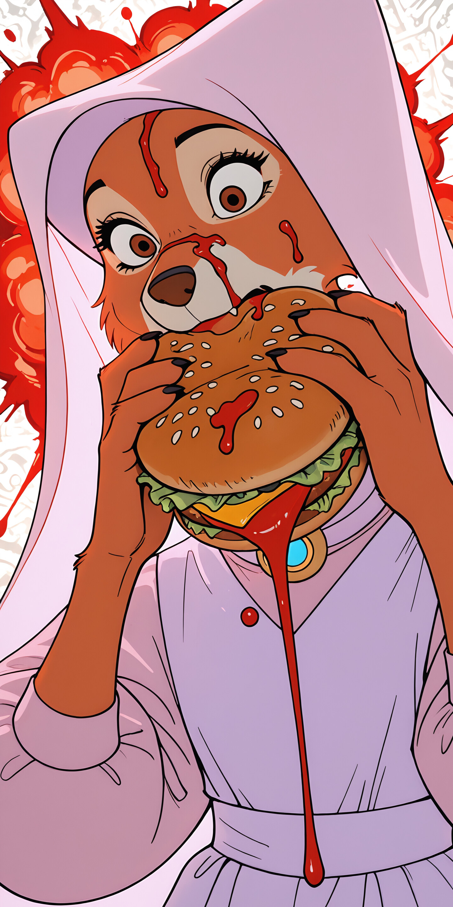 An illustration of Maid Marian, the fox from Disney's Robin Hood, looking shocked while taking a messy bite of a large cheeseburger. Ketchup is splattered on her face and dripping from the burger, against a red and orange explosive background.