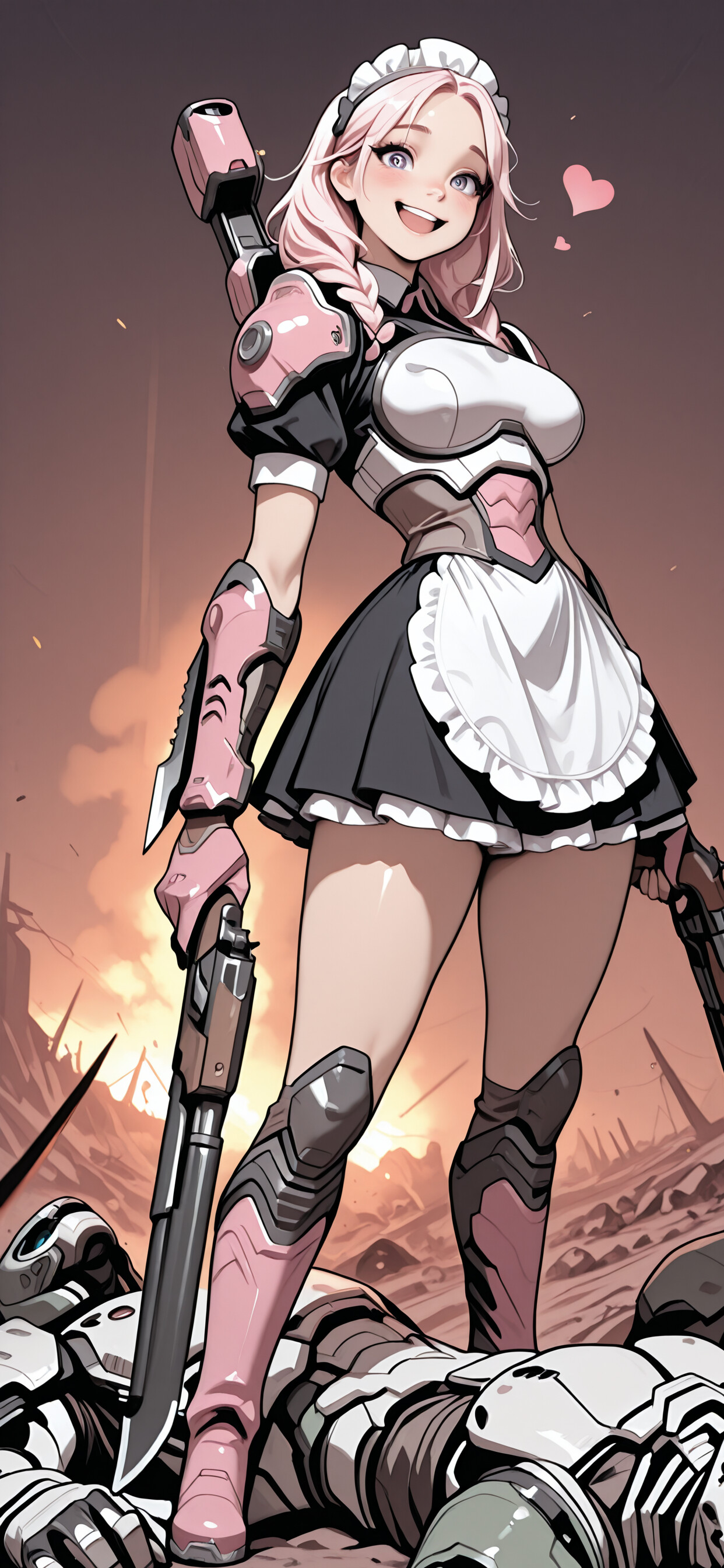 A pink-haired anime girl in a combat maid outfit holds two shotguns on a fiery battlefield, smiling as she stands over a defeated maid. Figures in Doom Slayer armor are in the background.
