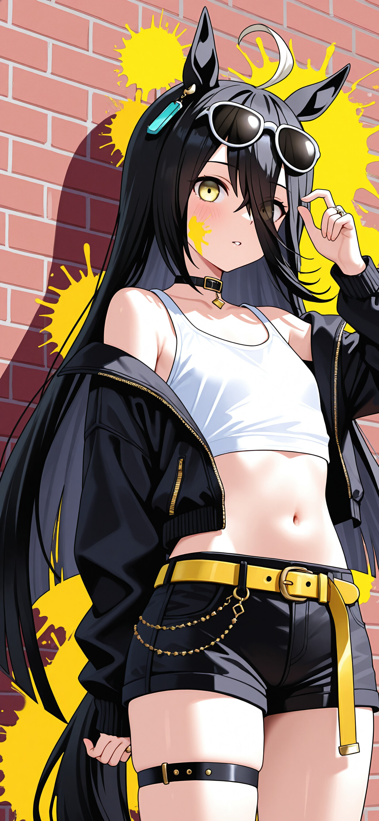 An anime character, Manhattan Cafe from Uma Musume, with long black hair and horse ears, wearing a modern street outfit consisting of a white crop top, black shorts with a yellow belt, and a black jacket. She is pushing sunglasses up on her head while standing in front of a brick wall.