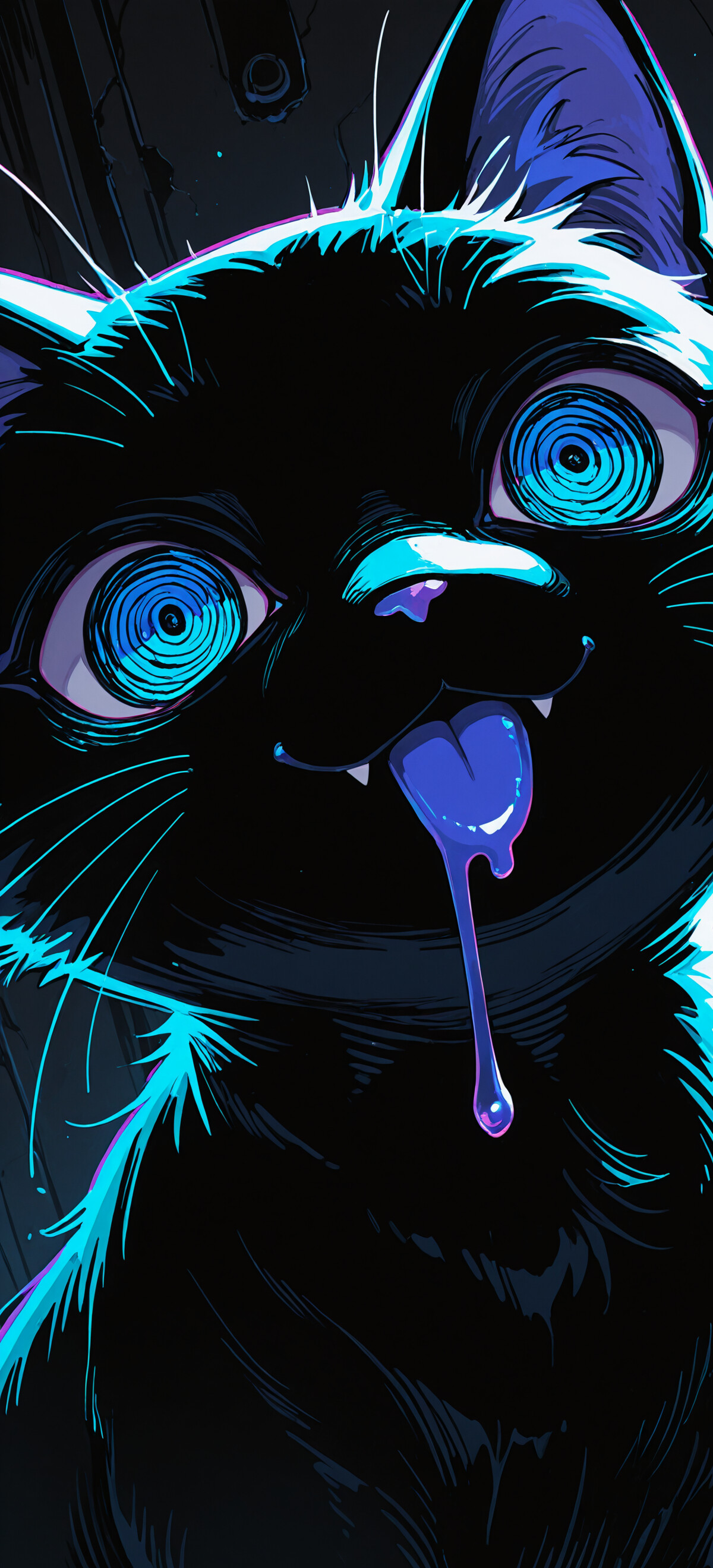 A stylized, close-up illustration of a white cat's face. The cat has huge, dark eyes with purple highlights, spiky black hair on its head, and a wide-open mouth with its tongue sticking out and drooling. It wears a black spiked collar with a gold bell.