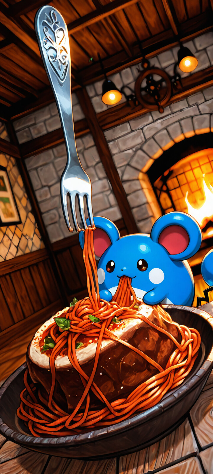 The Pokémon Marill, a round blue creature with large ears, sits at a wooden table in a rustic room, happily eating a large plate of spaghetti with a fork in its mouth. A warm fireplace and a shelf with bottles are visible in the cozy background.