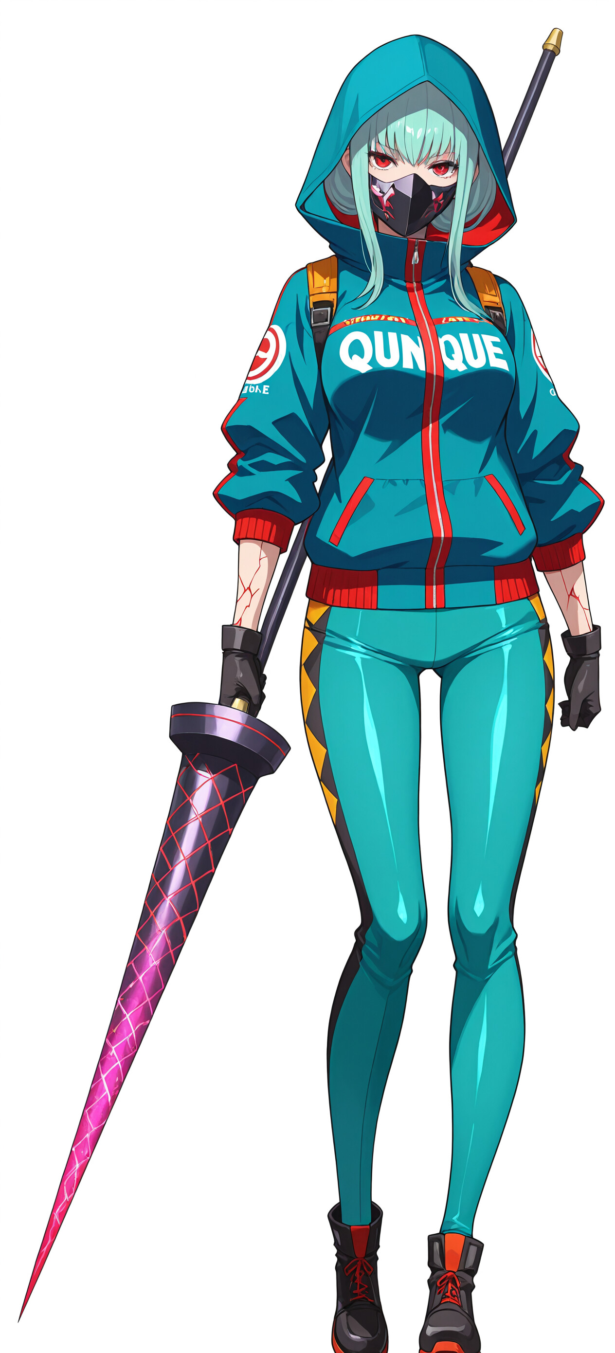 A full-body anime illustration of a young woman with mint-green hair and a mask, wearing a teal hoodie and futuristic black leggings, holding a large purple spear against a white background.