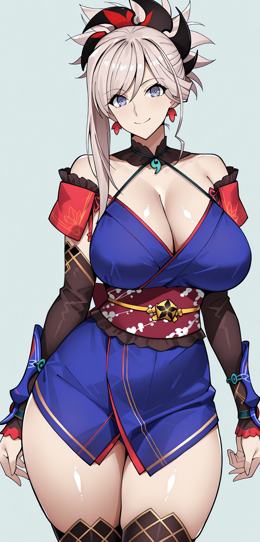An anime-style illustration of Miyamoto Musashi from Fate/Grand Order, smiling while wearing a blue kimono, brown arm guards, and her hair in a high ponytail.
