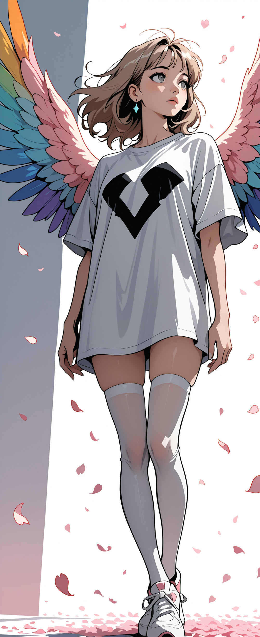 Full-body illustration of an anime girl with colorful feathered wings. She has light brown hair, wears an oversized white shirt, white thigh-highs, and sneakers, and is standing amidst falling cherry blossom petals against a dark background with a bright light behind her.