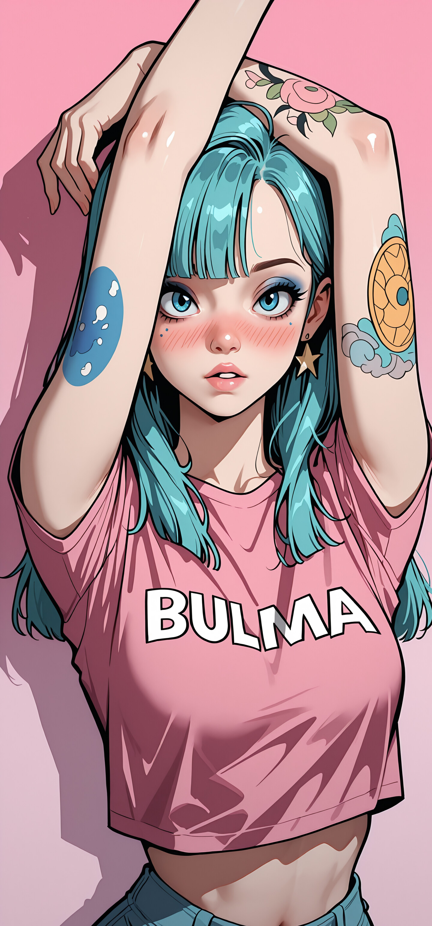 An anime-style illustration of Bulma from Dragon Ball with blue hair and blue eyes. She wears a pink crop top with 'BULMA' on it, blue jeans, and star earrings. She has rose tattoos on her arm and is posing with her hands behind her head against a pink background.