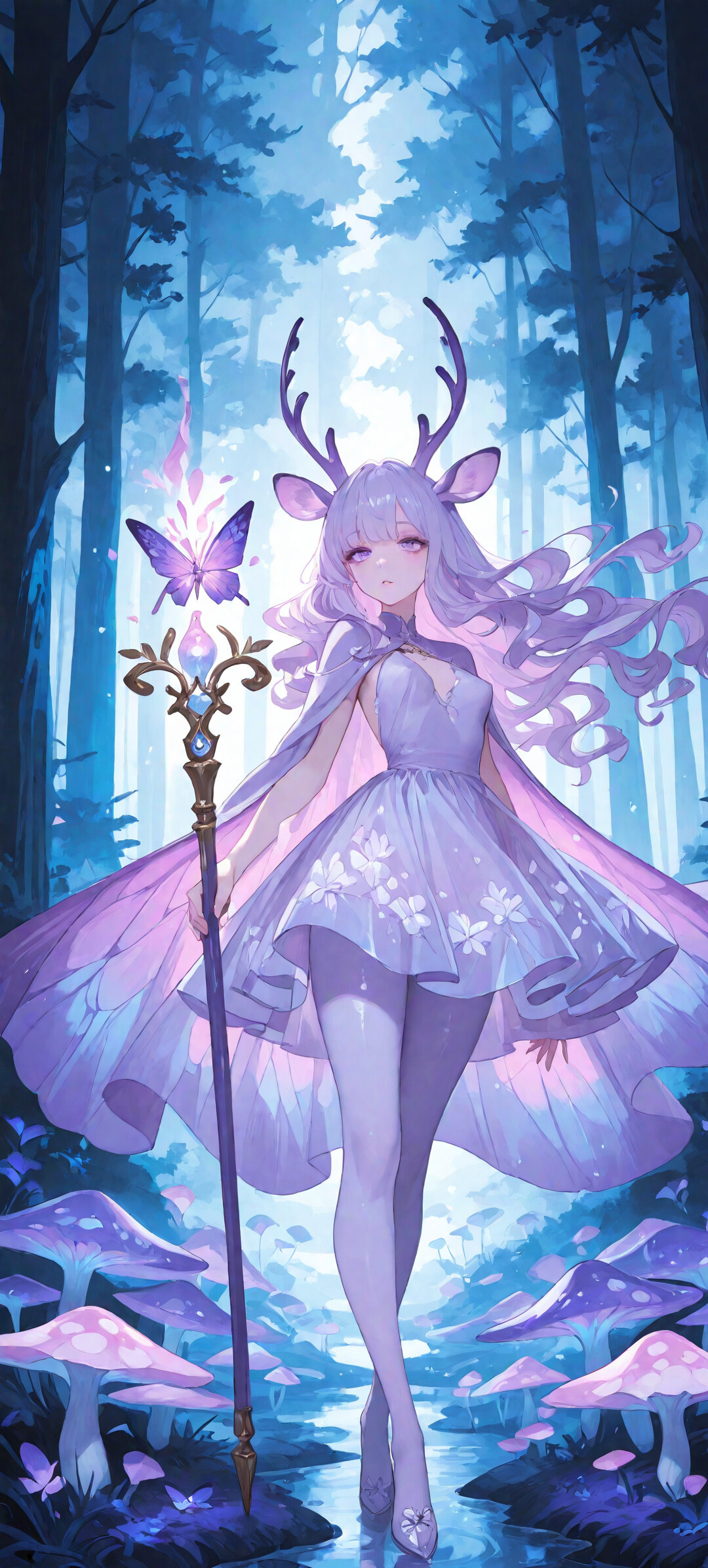 An anime-style girl with long lavender hair, deer antlers, and purple butterfly wings, holding a glowing staff in a magical purple forest filled with glowing mushrooms.