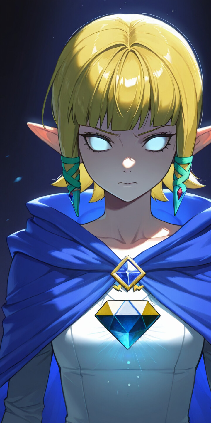An anime-style illustration of Princess Zelda with glowing blue eyes, wearing a blue hooded cape and holding a sparkling blue gem. The Triforce symbol is on her forehead.