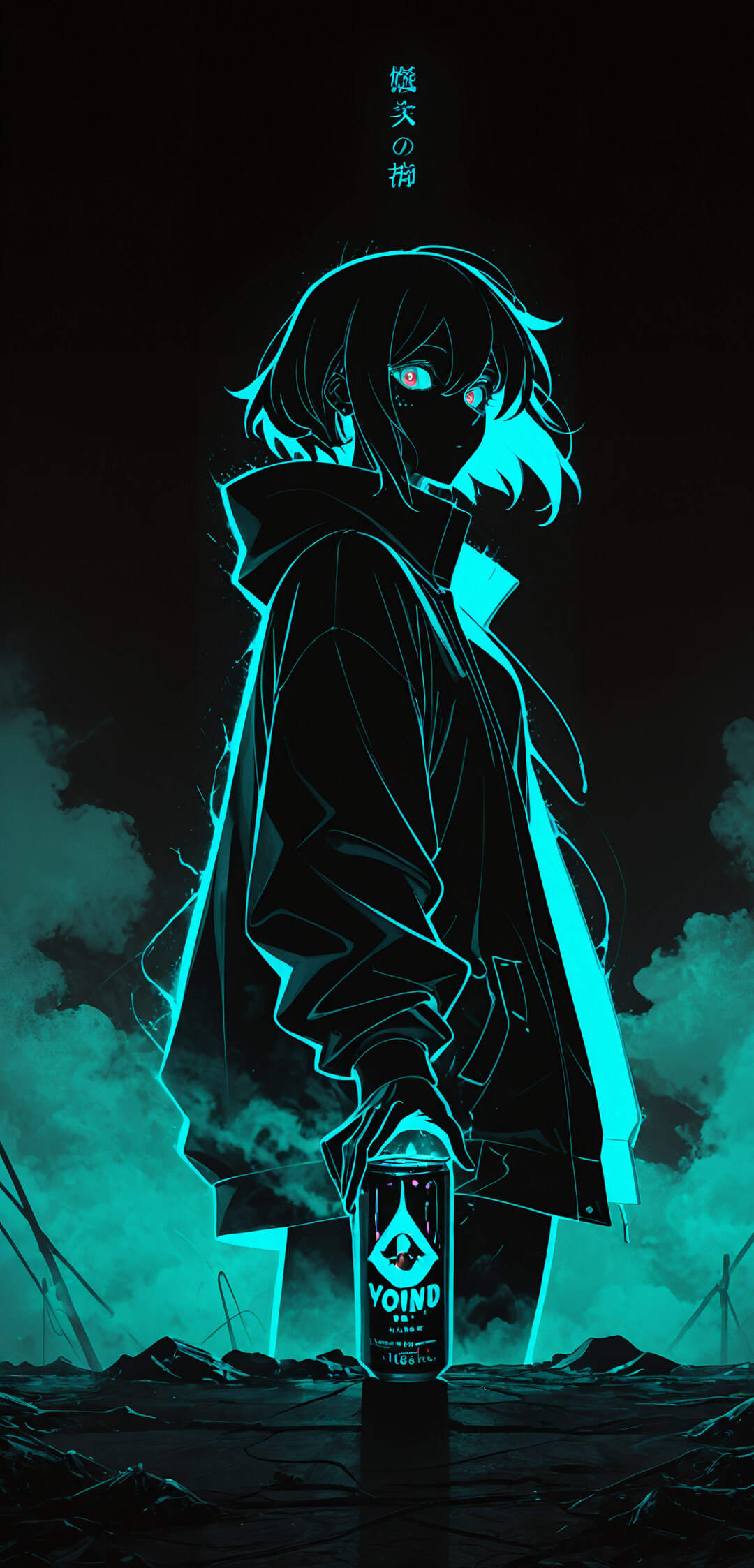 An anime character, Theresa Apocalypse, with short hair and a high-collared jacket, is illuminated by a vibrant cyan neon outline against a dark, foggy background. Her eyes glow a piercing red.