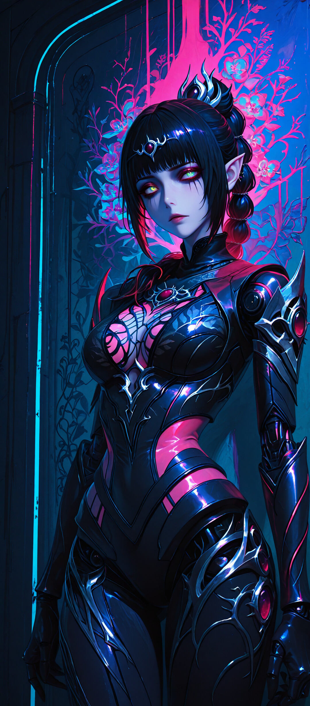 A digital fantasy portrait of Shadowheart from Baldur's Gate 3. She is a dark-haired elf with green eyes and a high ponytail, wearing intricate black and pink armor against a vibrant neon background.