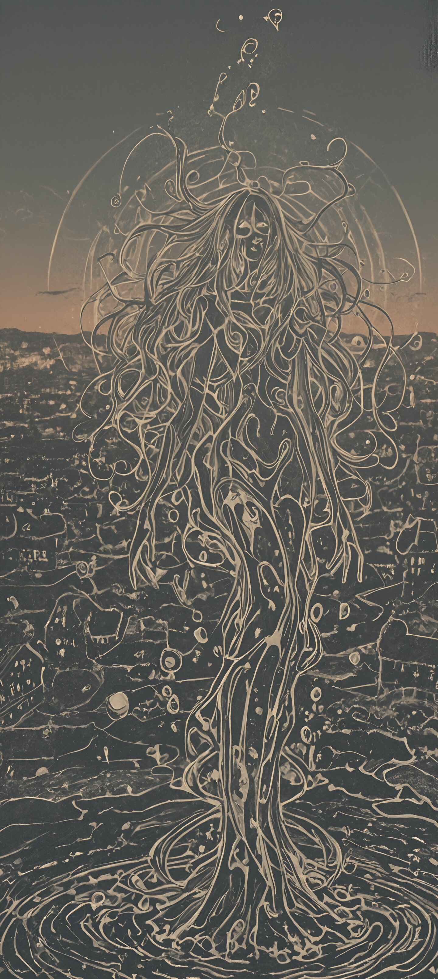 An abstract painting with a dark background covered in a dense, intricate web of swirling golden lines and dots. In the upper center, a single, bright, glowing orb of light serves as a focal point.