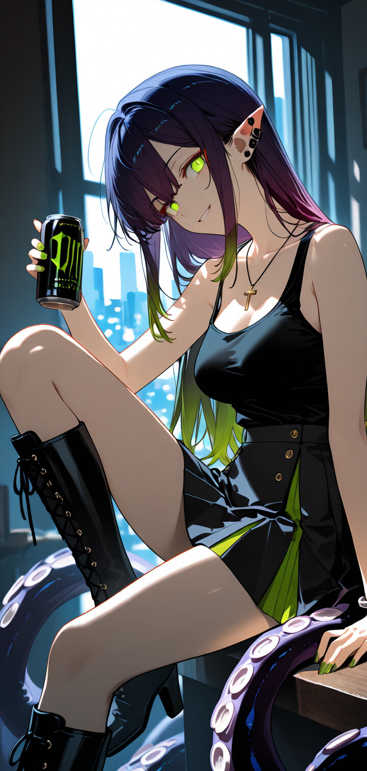An anime girl with long purple and green hair, glowing green eyes, and tentacles, dressed in a black gothic outfit, sits by a window overlooking a city at night, holding a red can on a mock magazine cover.