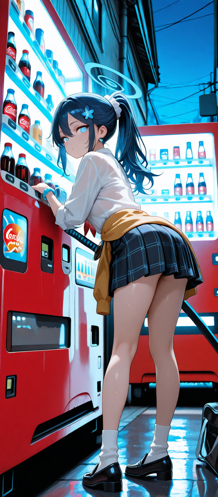 An anime girl with light blue hair, a halo, and glowing blue eyes, identified as Arona from Blue Archive, stands in a dark city alley holding a glowing blue katana next to a red vending machine.