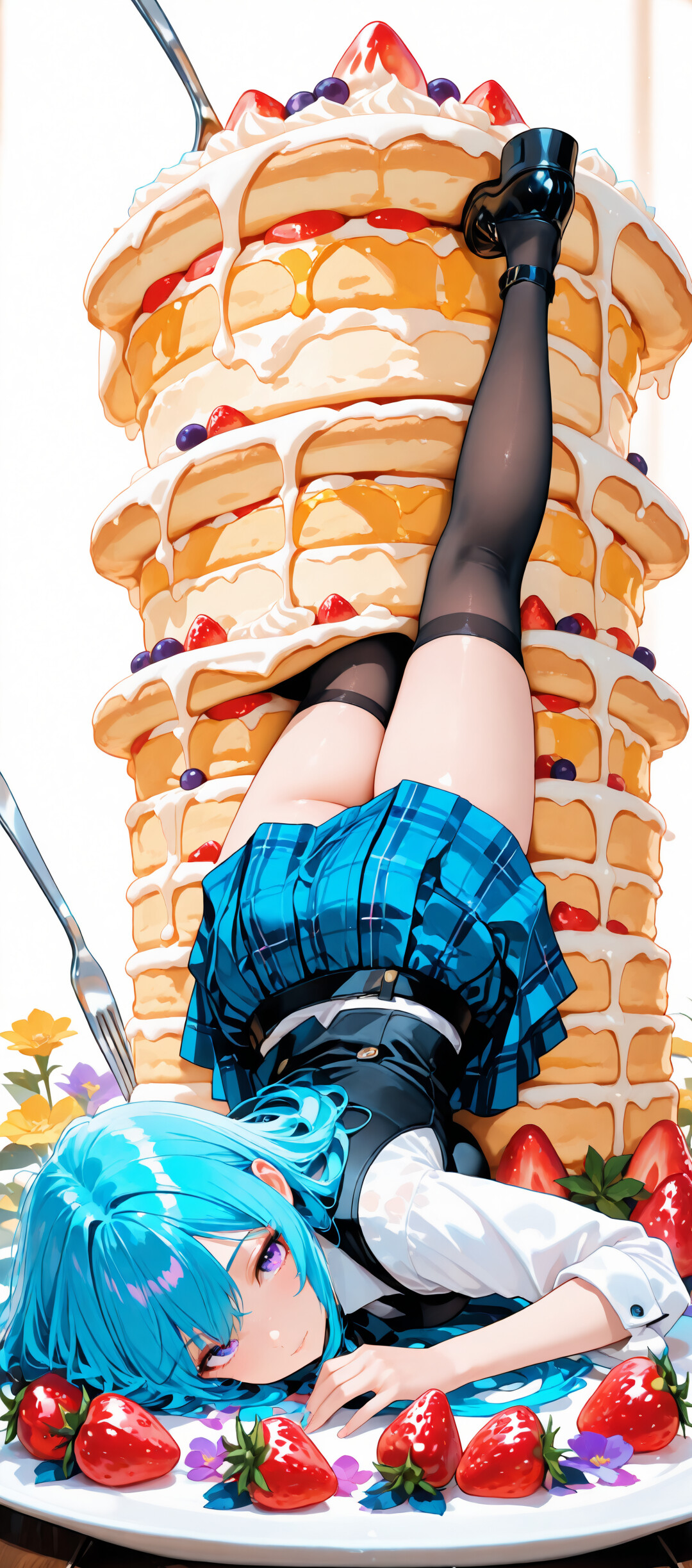 An anime-style girl with short blue hair in a school uniform lies on a massive stack of pancakes, surrounded by strawberries. A giant, flower-decorated fork stands behind her against a white background.