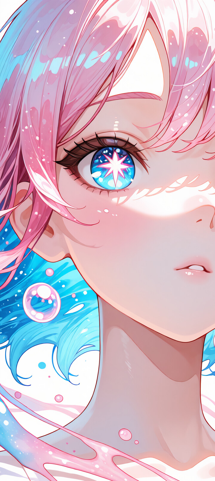 A close-up portrait of a cute anime girl with short pink hair and large, sparkling multi-colored eyes. The art style is soft and rendered in a pastel color palette.