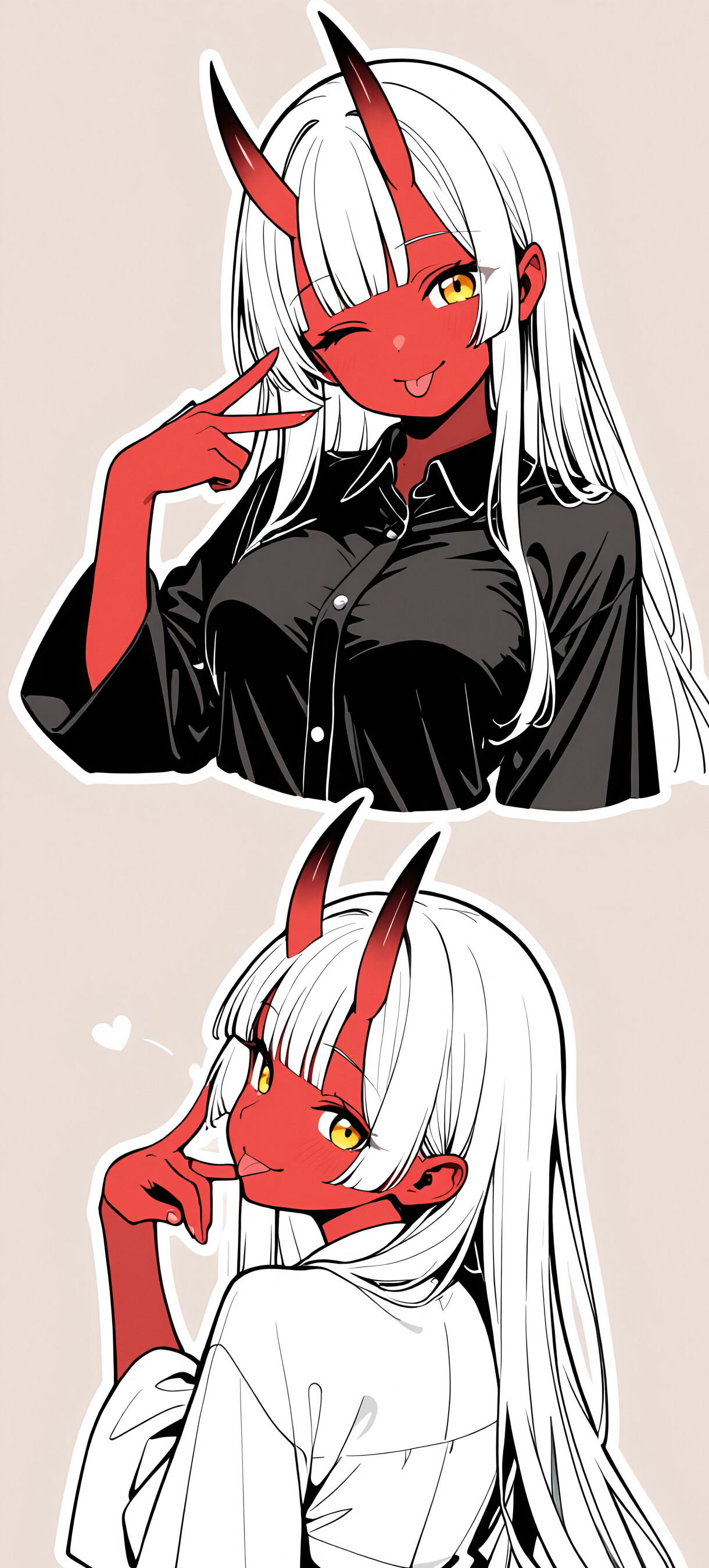 An anime girl with long white hair, red oni horns, and yellow eyes winking and making a peace sign. She is wearing a black shirt and red gloves, looking over her shoulder at the viewer.