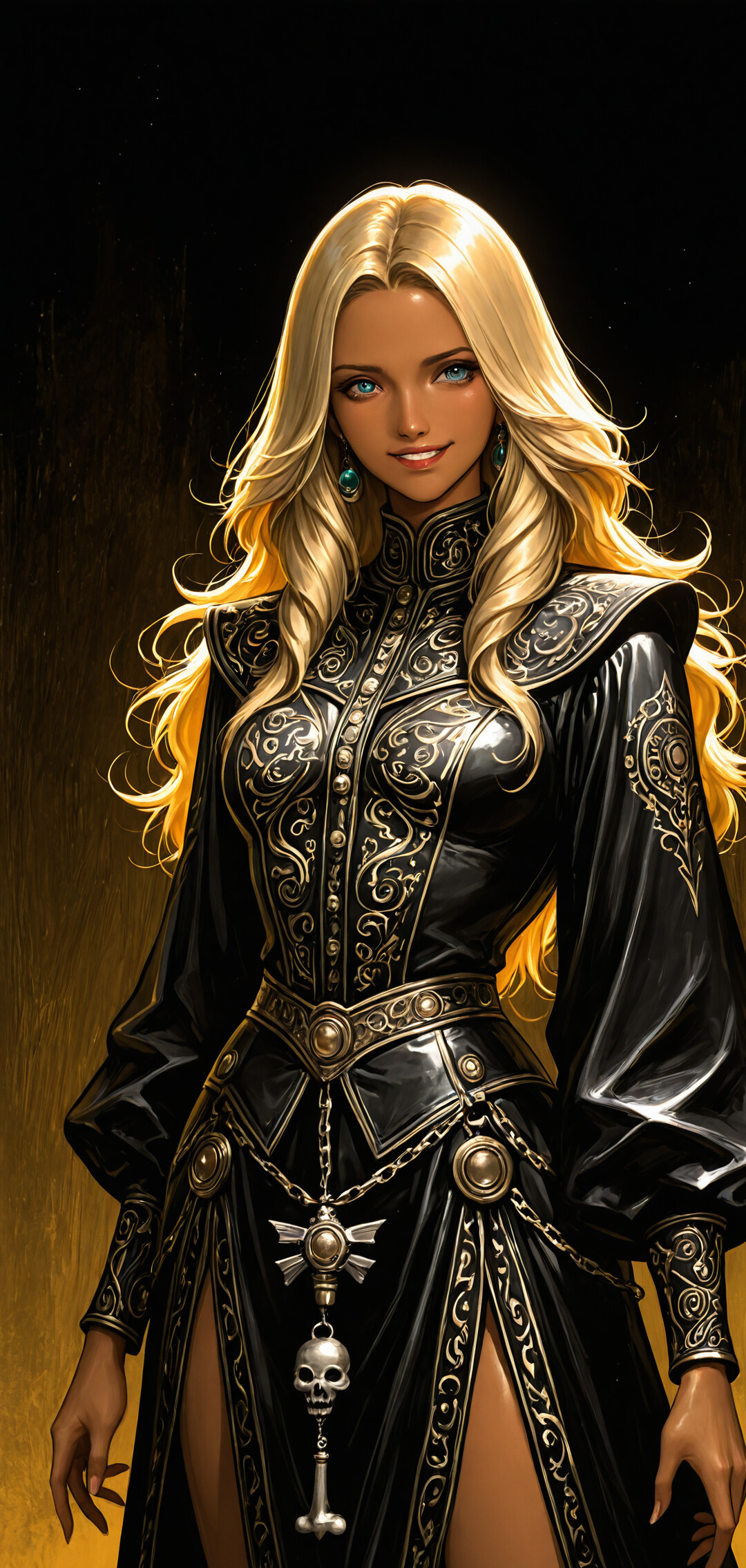 A waist-up digital painting of a young woman with long wavy blonde hair and blue eyes, smiling gently. She wears a highly detailed black and gold fantasy gown with a high collar against a dark background.