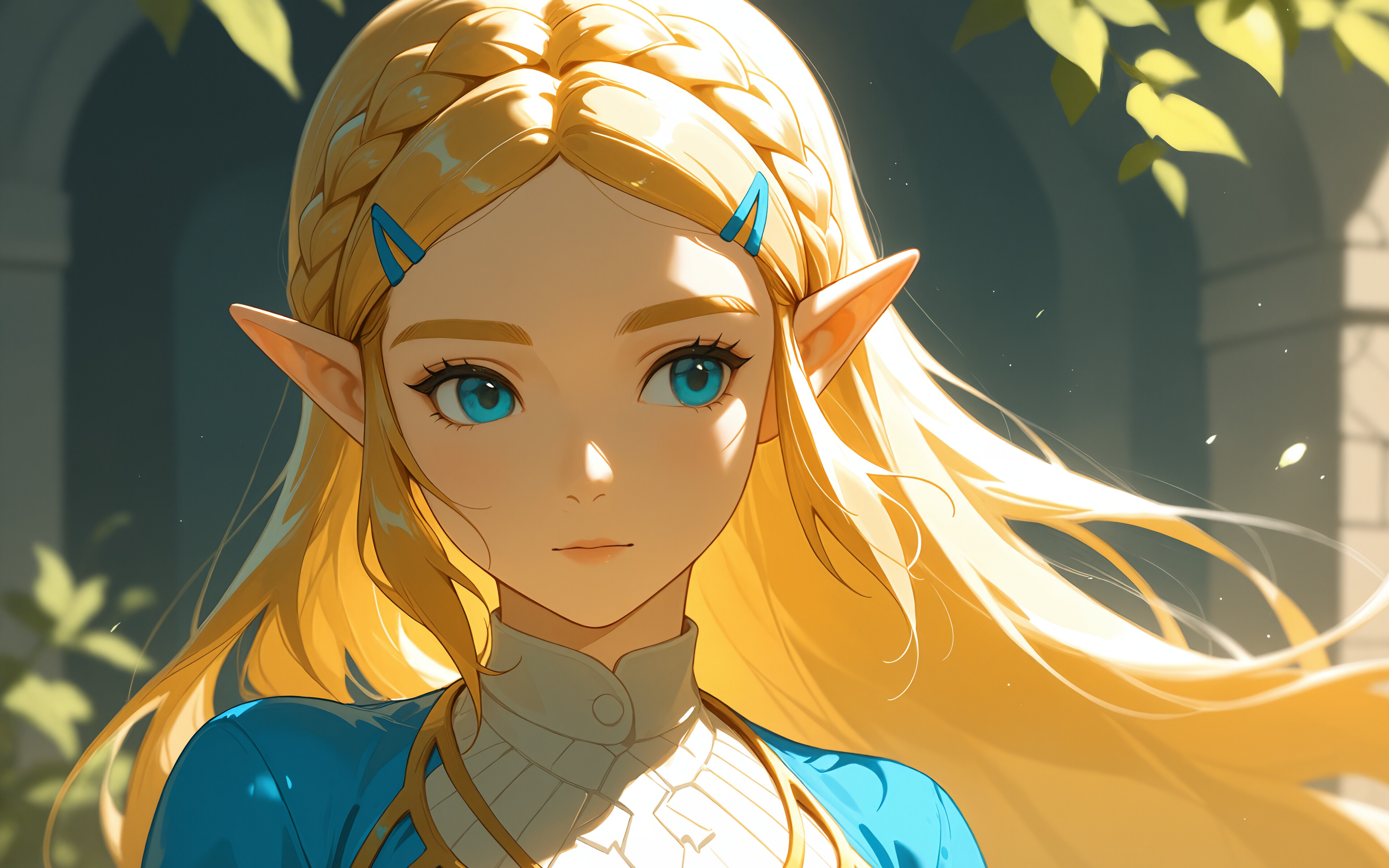 An anime-style illustration of Princess Zelda from The Legend of Zelda. She has long blonde hair with a crown braid, blue eyes, and pointed ears, and is looking over her shoulder while wearing a blue and gold outfit.