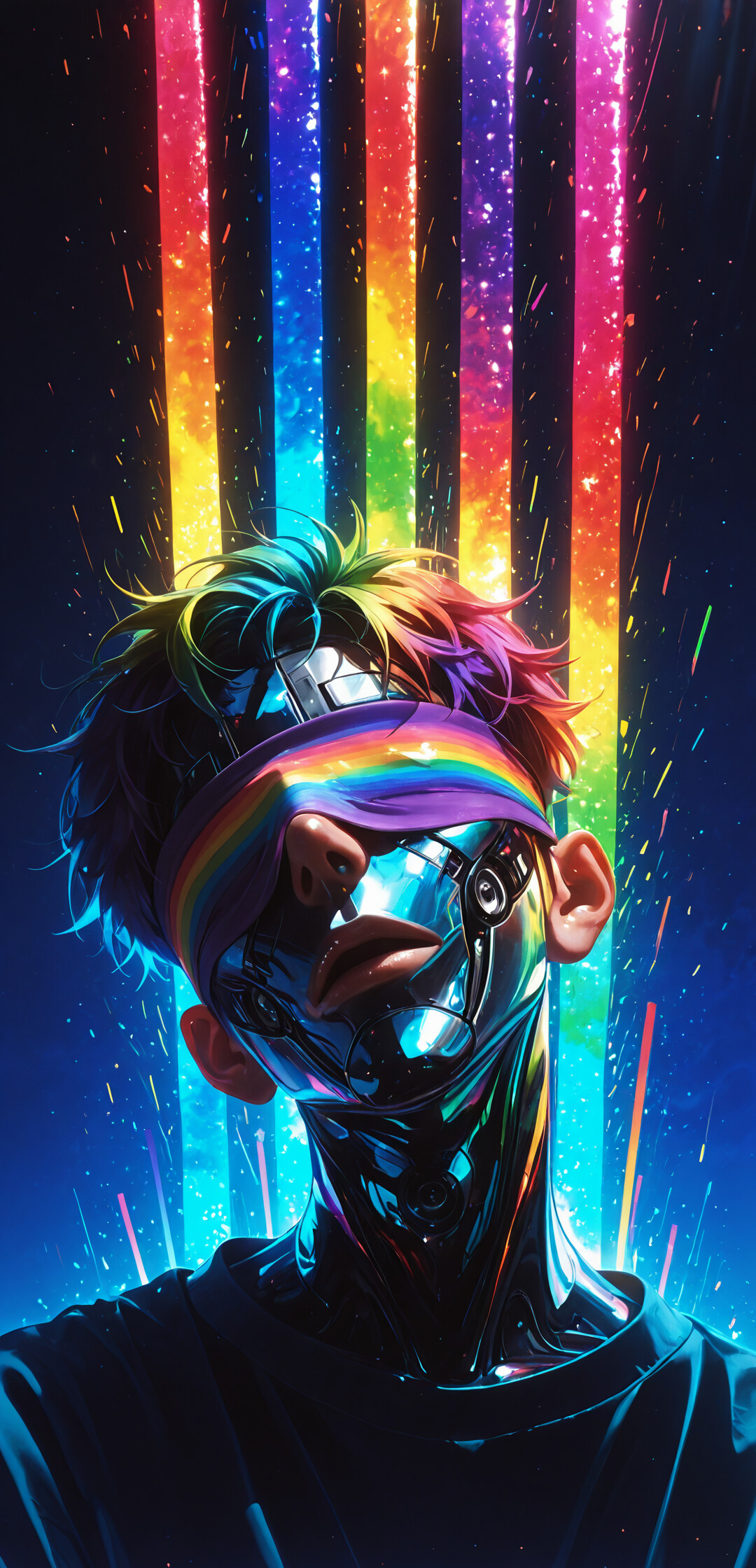 A digital illustration of a young man with purple hair and a cybernetic face and neck. He wears a rainbow-colored cloth blindfold. The background is dark and filled with vertical neon rainbow light beams and glowing specks.