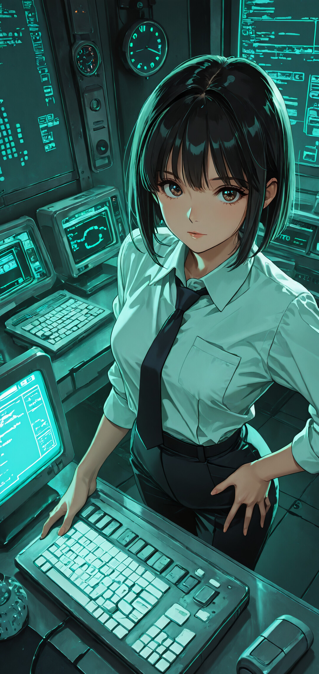 An anime-style illustration of a young woman with short black hair in a business suit, standing in a computer control room. She has one hand on her hip and the other on a keyboard, looking directly at the camera amidst screens and clocks with blue-green lighting.