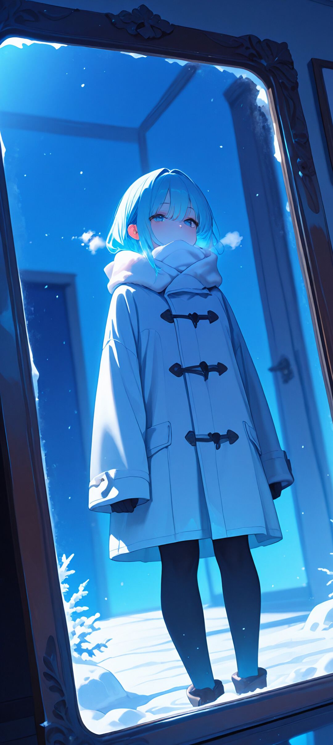 An anime girl with light blue hair and a white scarf looks out a window at a snowy night scene. She wears a blue coat, and the entire image is cast in a cool, blue light.