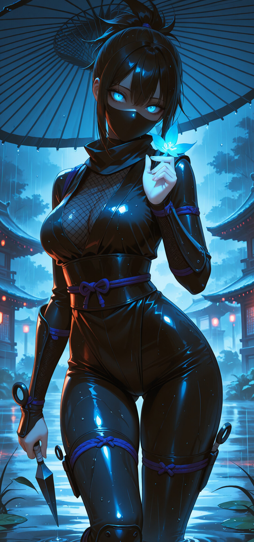 A female anime ninja with glowing red eyes and a black hooded outfit stands in the rain at night, holding a red umbrella in one hand and a kunai in the other, with lantern-lit Japanese buildings in the background.