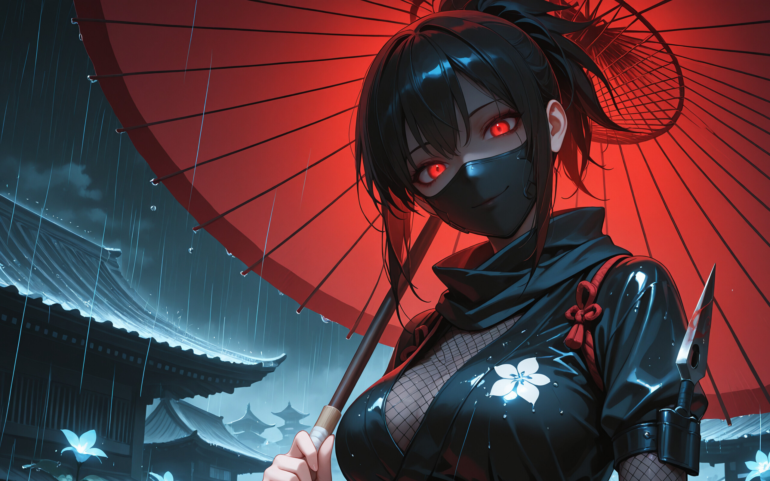 A female anime ninja with glowing red eyes and a black hooded outfit stands in the rain at night, holding a red umbrella in one hand and a kunai in the other, with lantern-lit Japanese buildings in the background.