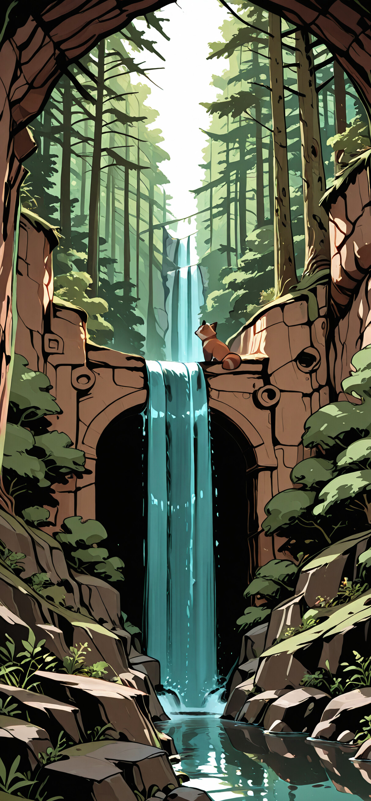 A vertical illustration of a sunlit forest gorge with a waterfall. Two red pandas are on the rocky, terraced cliffside. One sits by the waterfall, and the other is walking higher up. Tall pine trees tower above the scene.