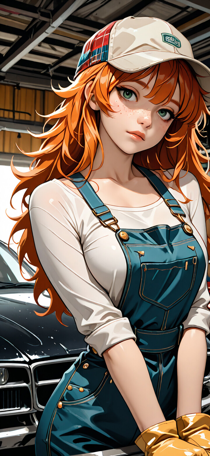 An anime-style illustration of a young woman with long ginger hair, green eyes, and freckles, wearing a white top, blue overalls, and a cap, standing in a messy auto mechanic's garage.