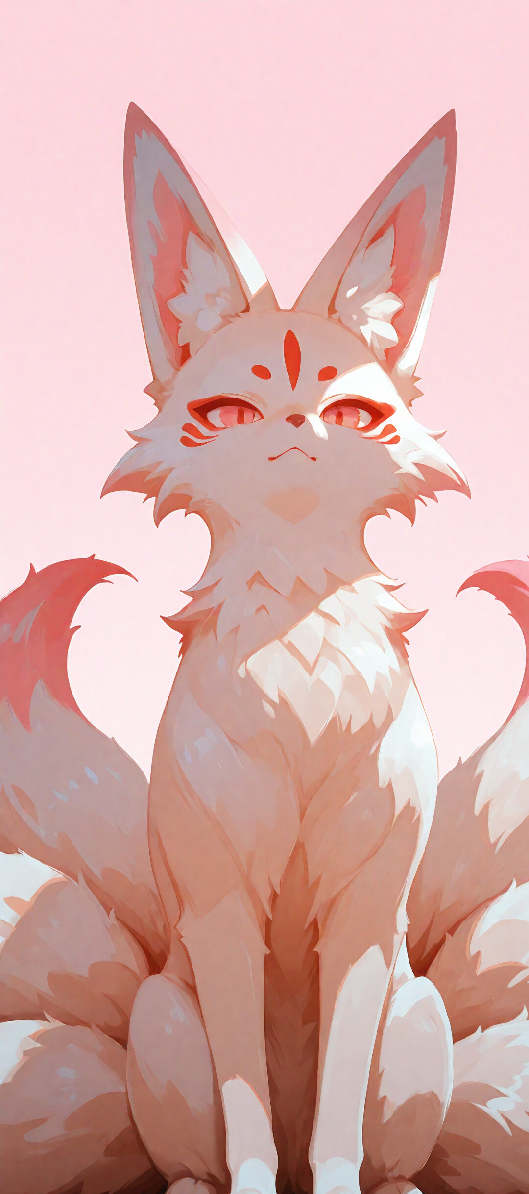 An anime-style illustration of a white and orange nine-tailed fox (kitsune) sitting upright. It has large ears, golden-red eyes, and a proud expression, with its nine tails fanned out behind it against a light pink background.