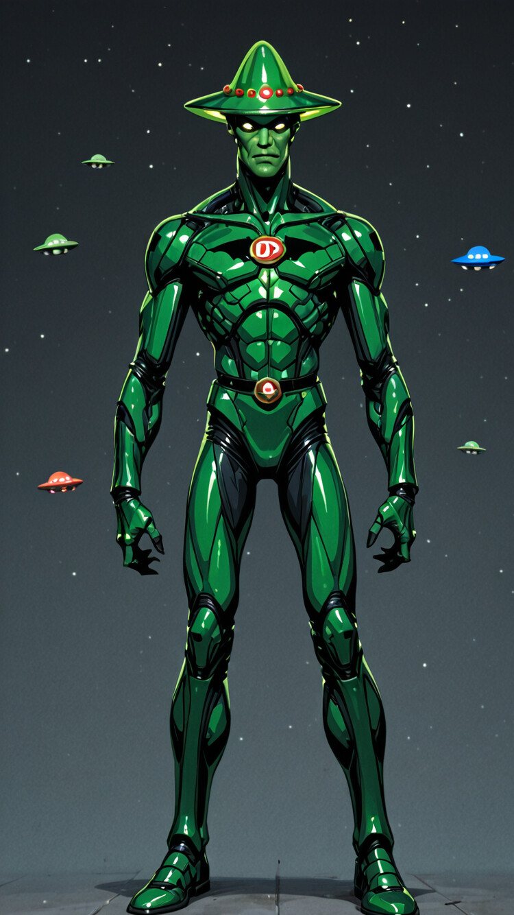 A large, green cartoon flying saucer with glowing yellow lights and an antenna, set against a dark blue sky dotted with white stars.