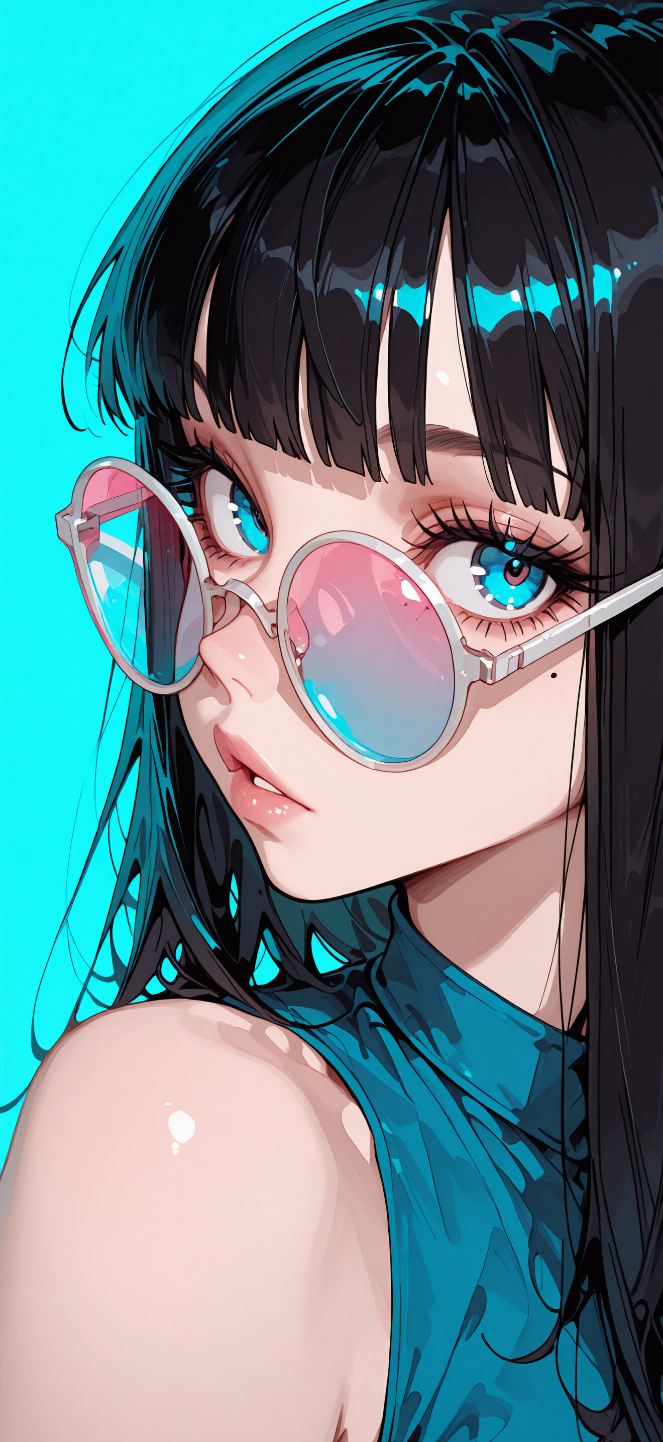 A close-up digital illustration of an anime-style girl with long black hair and bangs, wearing large round glasses with pink and blue gradient lenses. She has large blue eyes and is looking to the side against a bright blue background.