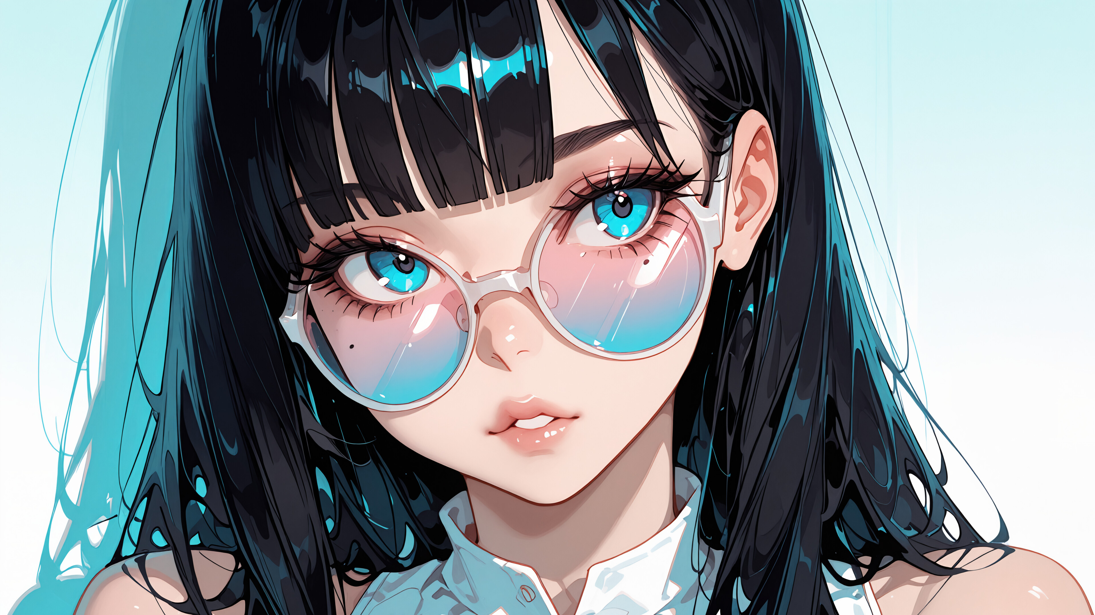 A close-up digital illustration of an anime-style girl with long black hair and bangs, wearing large round glasses with pink and blue gradient lenses. She has large blue eyes and is looking to the side against a bright blue background.