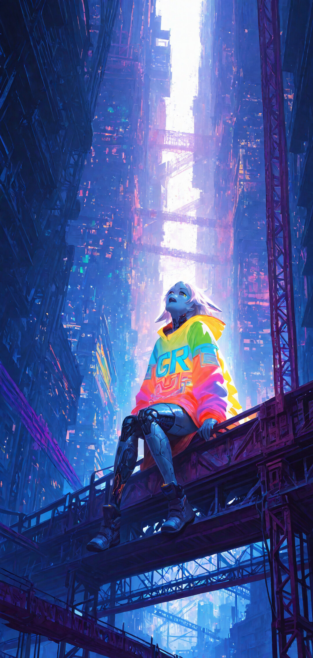 A young woman with white hair and a colorful oversized sweatshirt sits on a rooftop, looking up at a vast, futuristic cyberpunk city at night, which is lit with blue and purple neon lights.