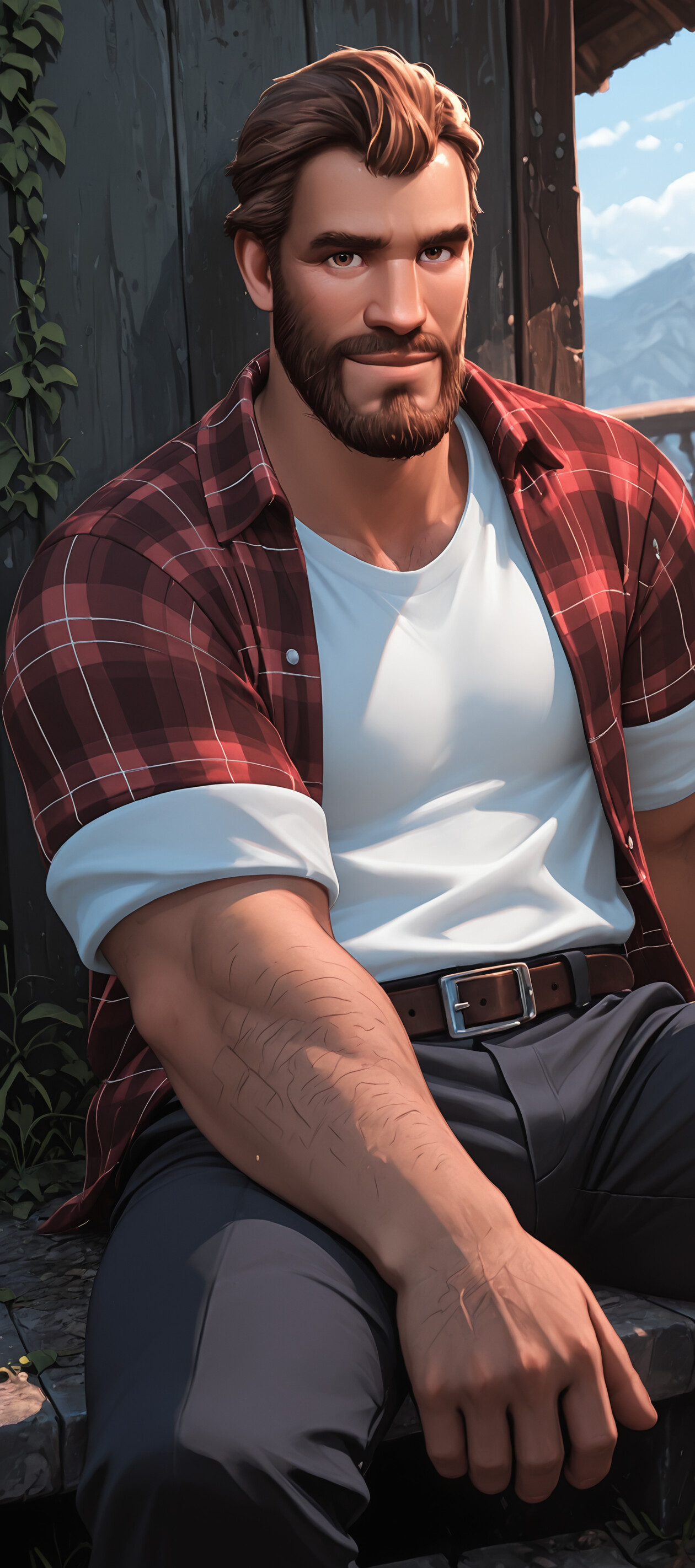 A digital illustration of a muscular man with brown hair and a beard, sitting down and looking up at the viewer. He wears an open red plaid shirt over a white t-shirt and dark pants.