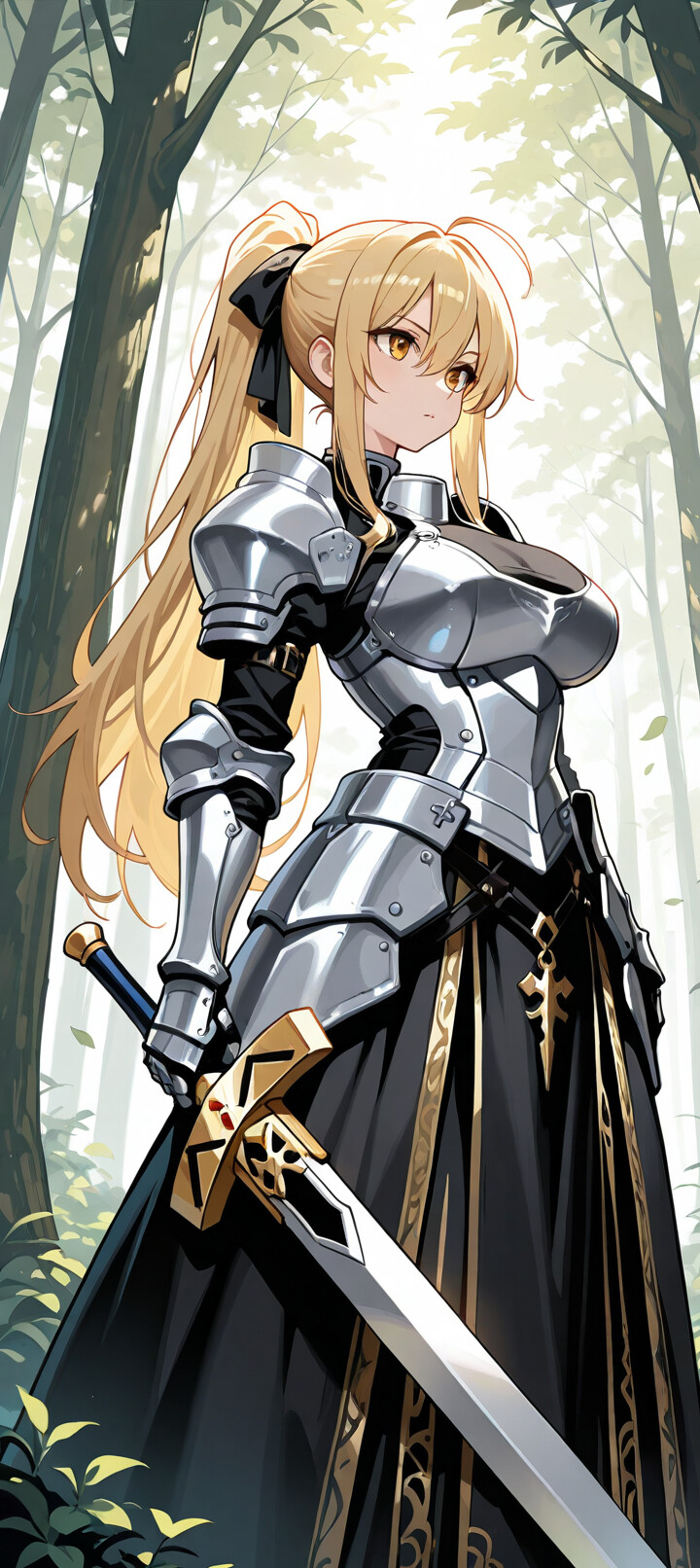 An anime illustration of Saber Artoria Pendragon, a blonde knight in full silver armor and a black dress, resting on the grassy ground of a sunlit forest with her sword Excalibur beside her.