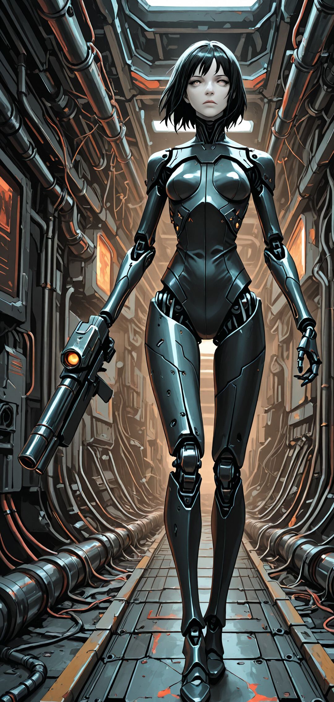 A full-body illustration of the cyborg character Sanakan from the manga BLAME! walking towards the viewer in a dark, narrow, industrial sci-fi hallway filled with pipes and cables. She has short black hair and is holding a large gun.