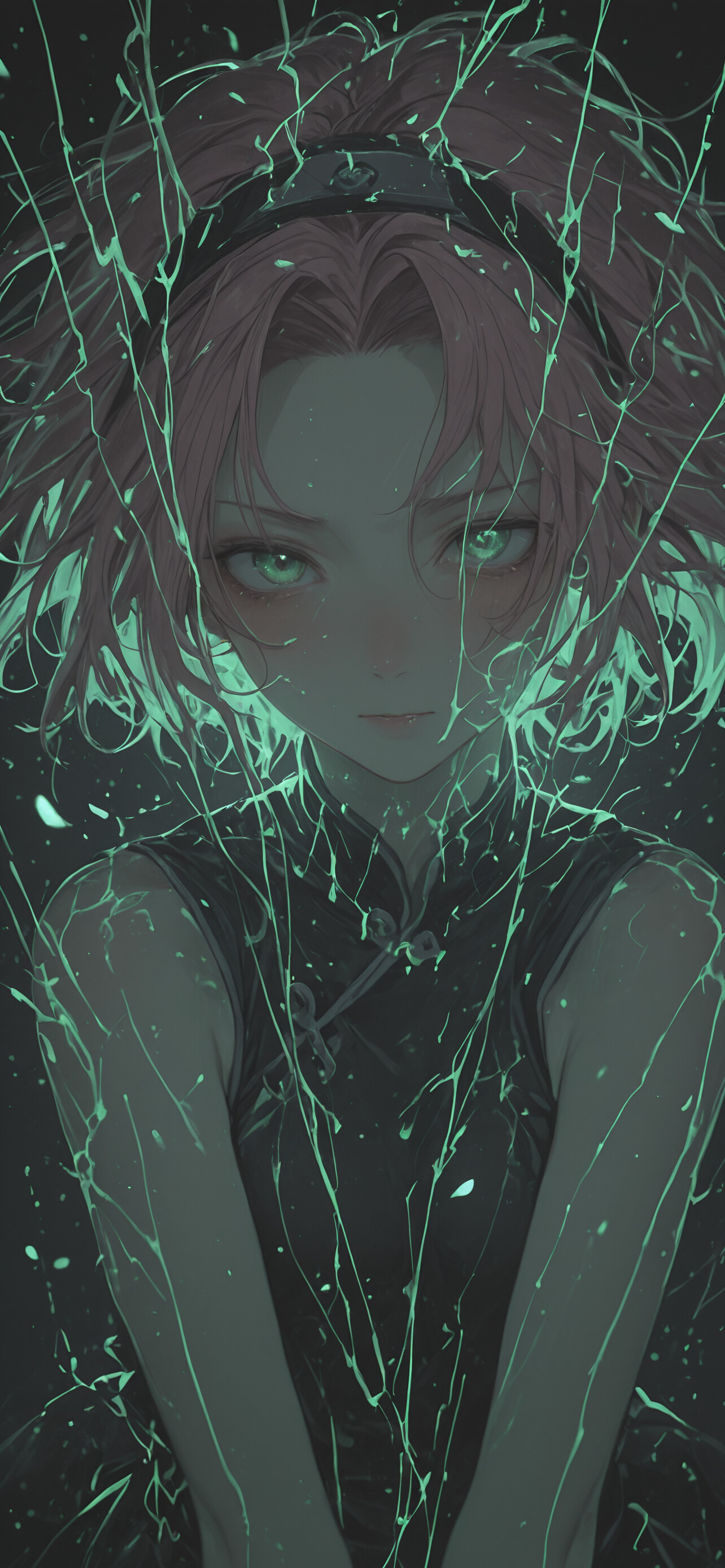 An artistic portrait of Sakura Haruno from Naruto with pink hair and glowing green eyes. The Strength of a Hundred Seal is on her forehead, and she wears a dark outfit with glowing green patterns against a starry background with floating petals.