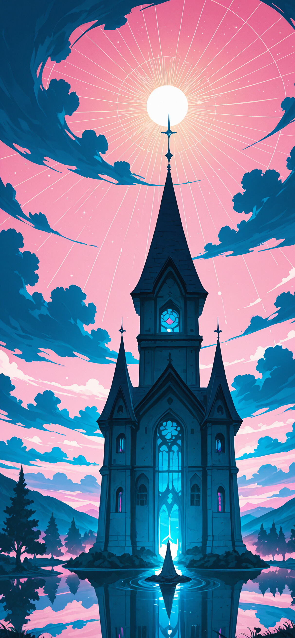 A digital fantasy illustration of a dark, gothic cathedral on a lakeside at dusk. Large, voluminous pink clouds fill the purple sky, and the entire scene is reflected in the calm water. A small, lone figure in a dark robe stands on the water in front of the cathedral's glowing entrance.