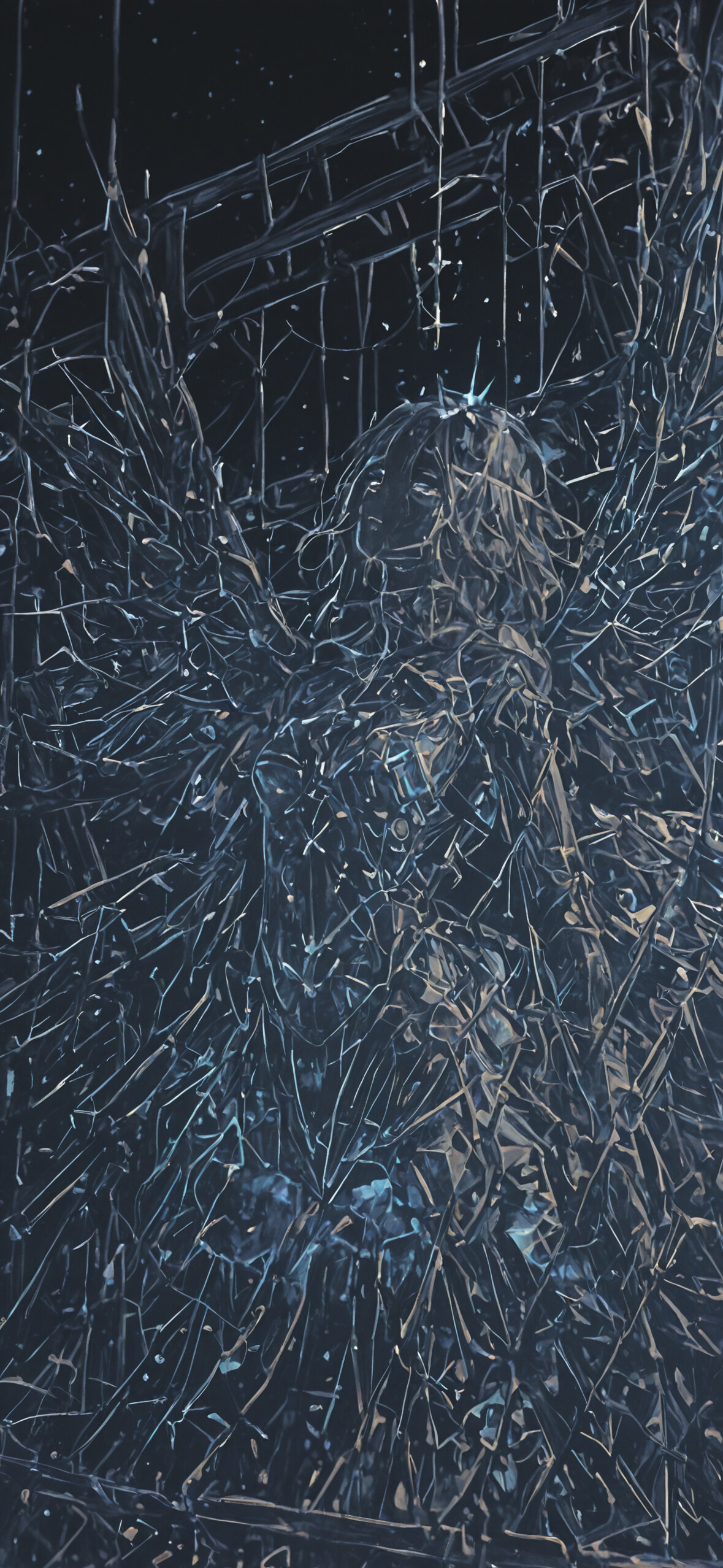 A celestial, angelic figure with large wings stands against a dark, starry background. The figure and its wings are composed of countless glowing blue and gold fragments, resembling shattered stars or cosmic glass.