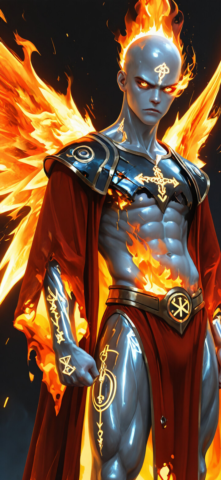 A full-body digital painting of a powerful, bald, silver-skinned angel with a muscular build. He has large, white wings that are on fire with golden flames. His head is also crowned in fire, his eyes glow, and his body is covered in luminous golden runes. He wears a tattered, burning red robe over dark armor.