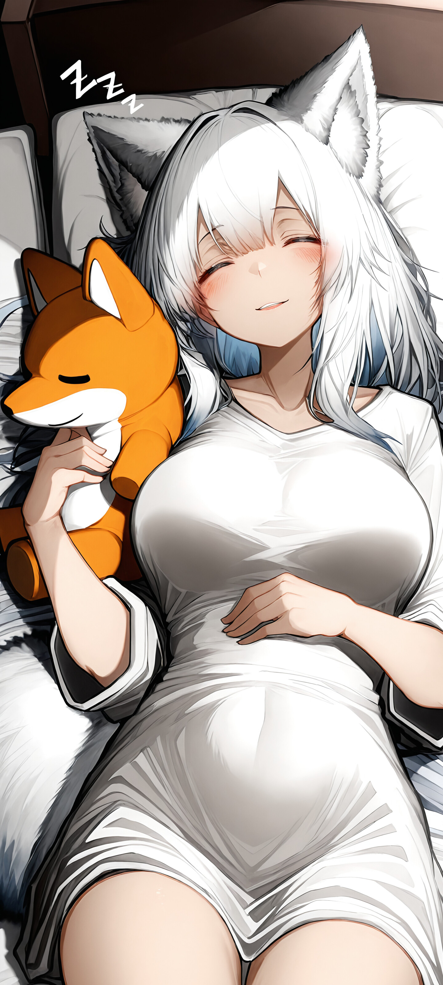 An overhead view of the anime fox girl Shinano from Azur Lane sleeping peacefully in bed. She has long white hair, a gentle smile, and is surrounded by cute fox plushies in a sunlit room.