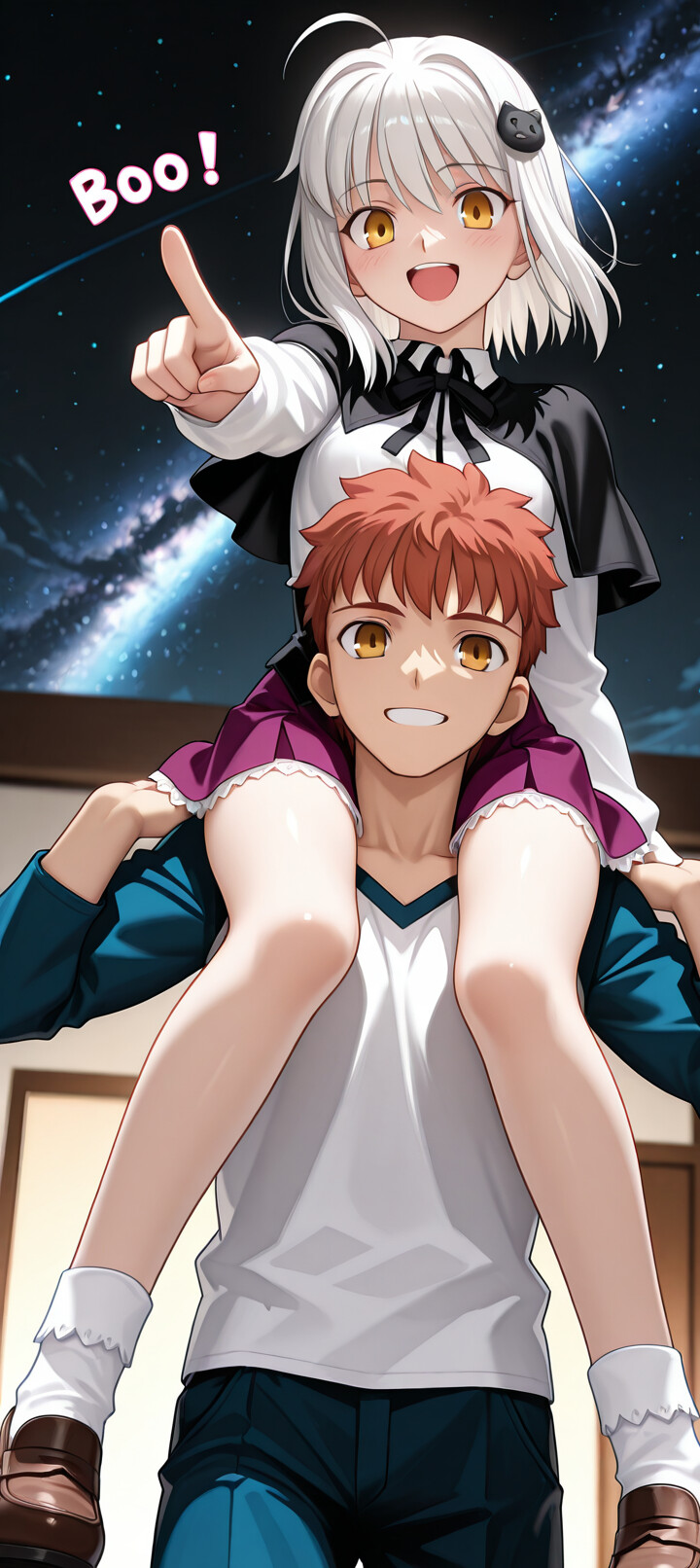 Shirou Emiya from the Fate series smiles while giving Sitonai, a white-haired girl, a shoulder ride at night. She points forward excitedly under a starry sky with the Milky Way visible behind them.