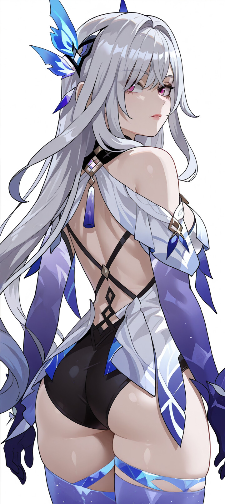 Full body illustration of Skirk from Genshin Impact. She has long white hair that gradients to blue, red eyes, and is wearing a stylish black, white, and purple outfit with thigh-highs. She is looking back over her shoulder against a plain white background.