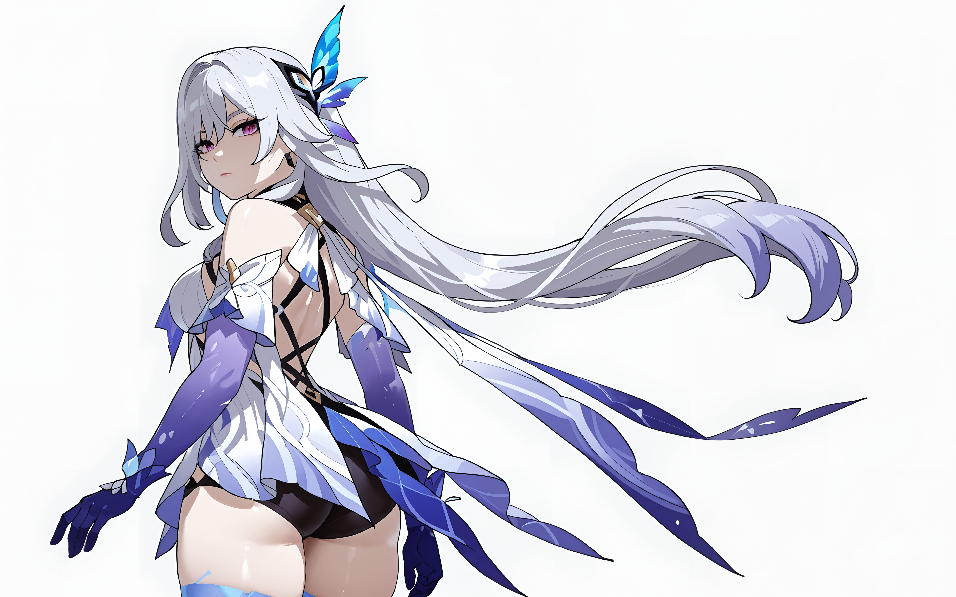 Full body illustration of Skirk from Genshin Impact. She has long white hair that gradients to blue, red eyes, and is wearing a stylish black, white, and purple outfit with thigh-highs. She is looking back over her shoulder against a plain white background.