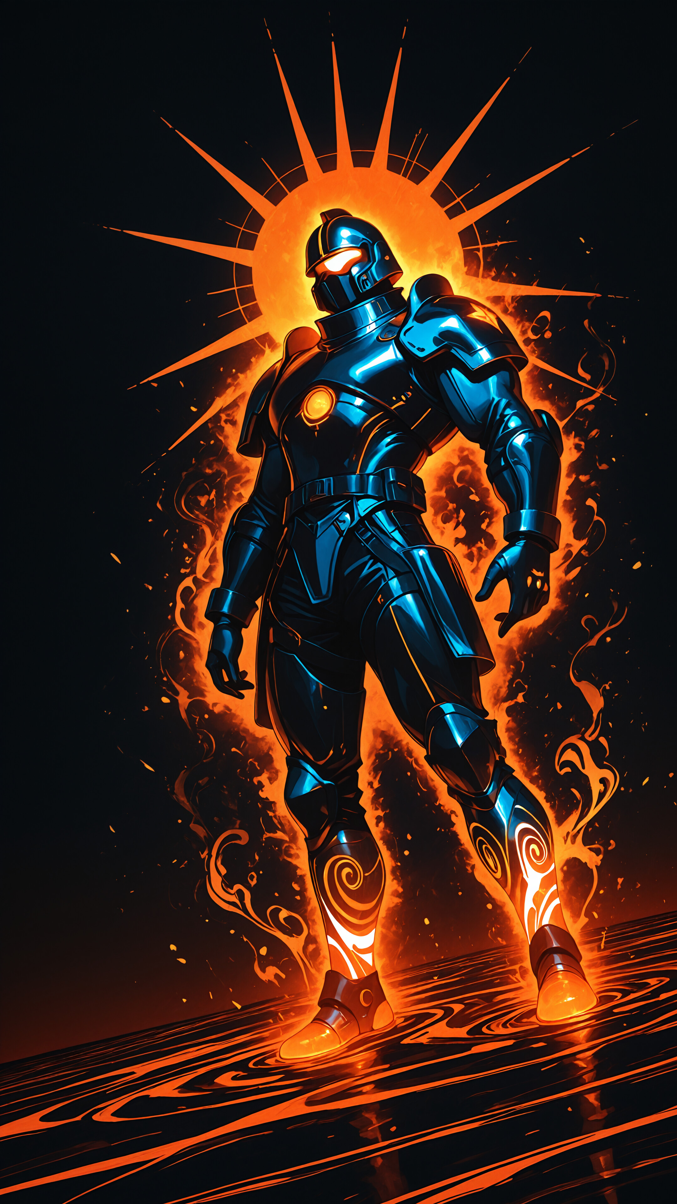 A giant, muscular figure in black and orange futuristic armor with a sunburst halo stands over a small, glowing white silhouette of a person against a black background.